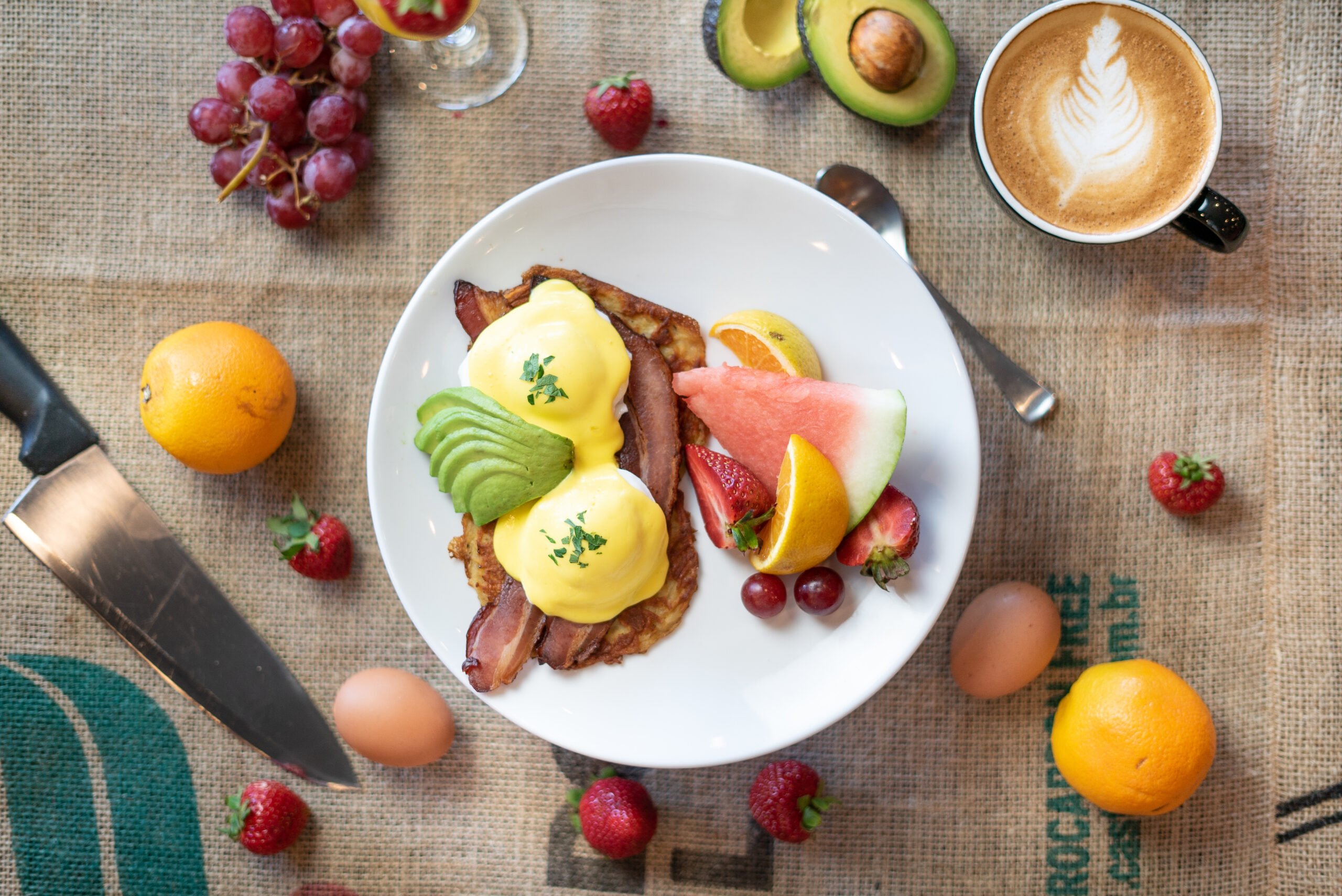 Red Barn Benny - strip or back bacon, avocado, sun-dried tomato pesto, holly.