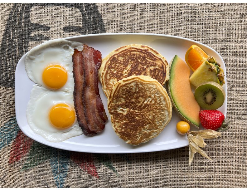 Drop 3 - 2 pancakes, 2 eggs any style, choice of protein, served with fruit